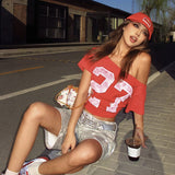 Street Wind 2025 Summer New Fashion Letter Print Sexy Loose Lavel T-Shirt 68HZ