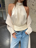 2026 Spring New Gold And Silver Silk Hanging Neck Small Vest Women's Fashion Sexy Waist Irregular Bottoming Top 68HZ
