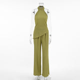2025 Spring And Summer Design Sense Green Sleeveless Neck Vest Broad Foot Pants Two Sets Of Fashion Set Commuting Woman 68HZ