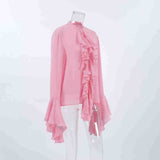 White Chiffon Design Round Collar Horn Sleeve Lotus Leaf Side Women's Shirt 2025 Spring And Summer New Fashion Woman 68HZ