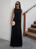 2025 Summer Fashion High-End Sleeveless Black Languid Temperament Round Collar Dress French Mesh Splicing Long Dress 68HZ
