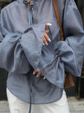 High Sense Morandi Color Waist Thin Tie With Lotus Leaf Side Long Sleeves Of Filament French T-Shirt 2025 Autumn Women's Clothing 68HZ