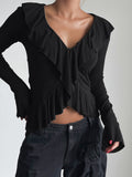 Knitting Body V Collar Lotus Leaf Side Design T-Shirt Commuting Women's Clothing 2025 Autumn And Winter New 68HZ