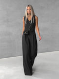 Summer Simple Fashion Casual Sleeveless Vest V-Neck Solid Color Loose Broad-Footed Trousers Two-Set Commuting Suit 68HZ