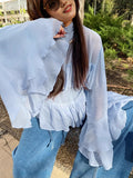 Blue High-Collar Temperament Horn Sleeves Of The Lady's Shirt 2025 Spring And Summer Fashion New Top 68HZ