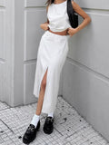 White Cotton Sleeveless Vest Forked Skirt Set 2025 Spring And Summer Fashion New Two-Piece Set 68HZ