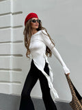 2025 Spring And Summer Irregular Sexy Design White Knitted Round Collar Slimming Women's T-Shirt 68HZ
