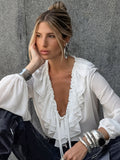 Spring And Summer New Loose V-Neck Lotus Leaf Side With Long-Sleeved Shirt Fashion Lantern Sleeve Simple Commuter Women's Clothing 68HZ