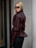 Vintage Wine Red Autumn And Winter Leather Coat Female Senior Feeling Long Sleeves Up Her Belt To Collect Waist Thin Leather Jacket 68HZ