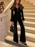Autumn And Winter Retro Black Sexy V-Necked Bodywear Fashion Waist Horn Pants Elegant Suit Woman 68HZ