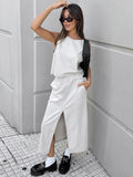 White Cotton Sleeveless Vest Forked Skirt Set 2025 Spring And Summer Fashion New Two-Piece Set 68HZ