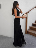 2025 Summer Fashion High-End Sleeveless Black Languid Temperament Round Collar Dress French Mesh Splicing Long Dress 68HZ