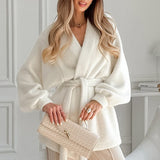 Autumn And Winter Lazy Style White V Collar Long Sleeves With Loose Leisure Long Plush Coat 68HZ