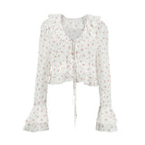 French Elegance Chiffon Print Autumn Body-Repair Sexy V-Neck Horn Sleeve With Lotus Leaf-Side Shirt Woman 68HZ