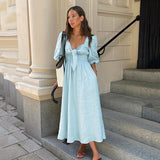 New French Elegant Dress In Summer 2025 Sexy Low-Breasted V-Neck Bubble-Sleeved High-Rise Cotton Dress 68HZ