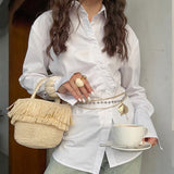 Autumn Women's Cotton Design Sense Niche Fashion Style To Close The Waist Carefully Under The Fork Shirt 68HZ