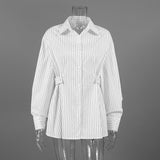 Vintage Design Sense Irregular Striped Shirt Female Senior Pressure Folded Waist Long Sleeve Commuting Top 68HZ