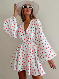 Spring 2025 New Strawberry Print V-Neck Lantern Sleeve Dress Fashion Tea Dress Woman 68HZ
