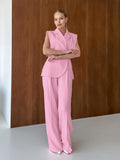 Pink Gentle Windless Suit Collar Loose Vest High-Waist Pocket Broad-Footed Trousers Summer Fashion Casual Suit Woman 68HZ