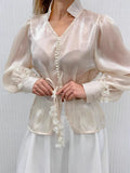 French Champagne Chiffon Lantern Sleeve Temperament Shirt Autumn 2025 New High-End Blouse Woman 68HZ