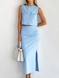 Summer Fashion Round Collar Sexy Sleeveless Vest Mid-Rise Open Skirt Two Sets Of Solid Cotton Women's Clothing 68HZ