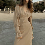 Fashion Design Sense V-Neck Dress 2025 Autumn Simple A-Dress Women's French Chiffon Mid-Long Dress 68HZ