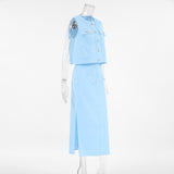 Summer Fashion Round Collar Sexy Sleeveless Vest Mid-Rise Open Skirt Two Sets Of Solid Cotton Women's Clothing 68HZ