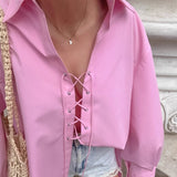 In The Fall Of 2025, The New Women's Wear Collar Shirt Wears A Rope With A Design Feeling Long-Sleeved Shirt Pink 68HZ
