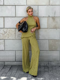 2025 Spring And Summer Design Sense Green Sleeveless Neck Vest Broad Foot Pants Two Sets Of Fashion Set Commuting Woman 68HZ