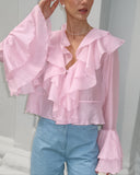 Summer Charm Pink Chiffon Sunscreen Temperament Cascading Lotus Loaf Side V Collar Horn Sleeve Short Lady Shirt 68HZ
