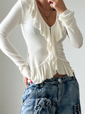 Knitting Body V Collar Lotus Leaf Side Design T-Shirt Commuting Women's Clothing 2025 Autumn And Winter New 68HZ