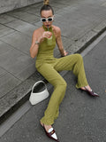 2025 Spring And Summer Design Sense Green Sleeveless Neck Vest Broad Foot Pants Two Sets Of Fashion Set Commuting Woman 68HZ
