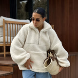 Autumn And Winter Personality Fashion Beige Knitted Leisure Lamb Velvet Small Standing Lantern Sleeves Plush Loose Jersey Woman 68HZ