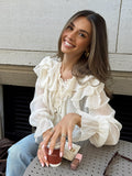 Summer Languid Rice-Colored Round Collar Loose Sexy Lace With Lotus Leaf Blouse French Commuting Simple Shirt Woman 68HZ