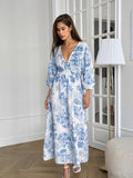 Autumn Fashion Temperament V Collar Lantern Sleeves With Dress Cotton Linen Dress 68HZ