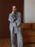 Autumn And Winter New Knitwear Set Of Femininity Gentle Wind Showing Thin Vertical Sweater Broad Leg Pants Two Sets Of Winter 68HZ