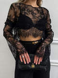 Spring And Summer Sexy Black Perspective Lace Long Sleeves Loose Leisure Collar High Waist Half-Dress Suit Women's Clothing 68HZ