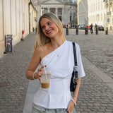 French White Irregularly Side-Sleeved Knitted T-Shirt 2025 Fashion New Woman 68HZ