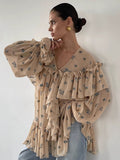 Autumn New Chiffon Wrinkle-Print Lotus Leafy Dress 2025 Lantern Sleeve Women's Short Dress 68HZ