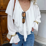 Autumn Texture V Collared Horn Horn Sleeve Shirt Female White Chiffon 68HZ