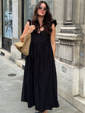 Black Cotton Flying Flying Sleeve Chicken Heart Collar A Casual Dress 2025 Spring And Summer Fashion New Long Dress Woman 68HZ