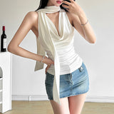 2025WISH Spring Summer New Fashion Solid Color Sexy V Collar Around The Neck Sleeveless T-Shirt Girl 68HZ