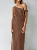 2025 Vintage Spring/Summer Casual Cotton Brown Irregular Collared Short-Sleeved Slimmed Sexy Dress 68HZ
