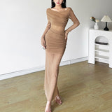 2025 Autumn New Women's Solid Color Repair Height Waist Fashion Neck Long Sleeve Mesh Dress 68HZ