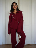 Anzola Red Wool Woven Suit Women In Autumn And Winter Inside And Outside Wearing A Solid Half-Zip Sweater Straight Trousers Two Sets Of Women 68HZ