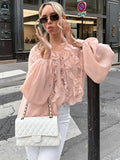 French Pink Chiffon V-Neck Loose Lotus Leaf-Side Shirt 2025 Summer Fashion New Top Lady 68HZ