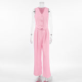 Summer Simple Fashion Casual Sleeveless Vest V-Neck Solid Color Loose Broad-Footed Trousers Two-Set Commuting Suit 68HZ