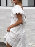 White French Cotton Foam Sleeve V Tie Dress 2025 Summer Fashion New Short Dress 68HZ
