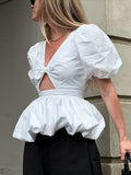 Design V-Neck Bubble Sleeve Temperament Bow Short-Sleeved Hollow Shirt Summer Fashion Commuting Top Woman 68HZ