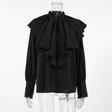 Court Style French Lotus Side Collar Single Row Buckle Long-Sleeved Shirt Women's Dress French Lantern Sleeve Loose Solid Color Top 68HZ